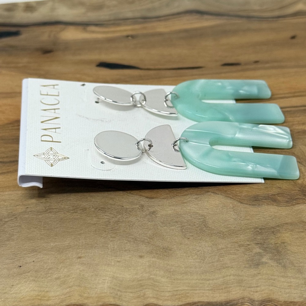 Panacea Geometric Drop Earrings Mint Green Silver Marbled Resin Boho Modern - Picture 4 of 5